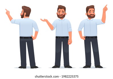 Business man shows and indicates something. The guy points his finger and holds an object in his palm. Vector illustration in cartoon style