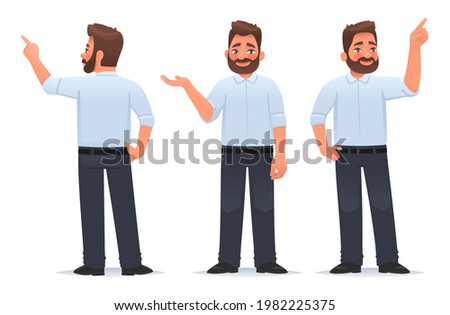 Business man shows and indicates something. The guy points his finger and holds an object in his palm. Vector illustration in cartoon style
