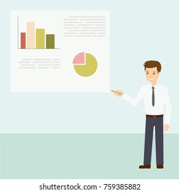 Business man shows a report with graphs and charts on the Board. The teacher explains the courses, conducts training. Flat design vector illustration.