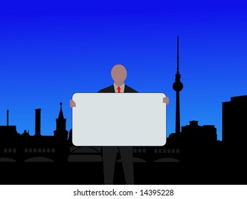 Business man with sign against Berlin skyline illustration