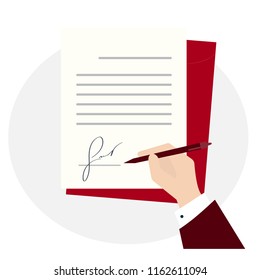 Business Man Sign With Fake Signature New Document. Flat Lay Style Vector Illustration. Hand Pen And Text On Paper Application Or Review Mortgage Deed, Moving Checklist Or Notice Quitclaim Deed