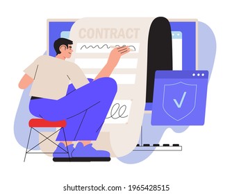 Business man sign up smart or electronic contract with digital signature on computer online. Data protection and privacy policy vector illustration. Entrepreneur making deal. Agreement conclusion.