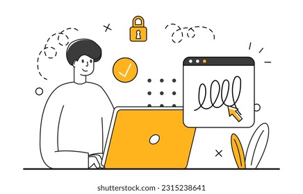 Business man signing contract with digital pen on computer. Businessmen make online deal with e-signature. Trendy character with man. Vector illustration scene