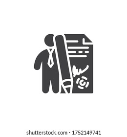 Business man signing a contract vector icon. filled flat sign for mobile concept and web design. Businessman and business contract with signature glyph icon. Symbol, logo illustration. Vector graphics