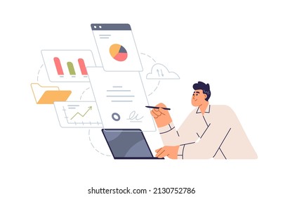 Business man signing electronic document online at laptop computer. CEO and financial data, information in graphs, charts for digital report. Flat vector illustration isolated on white background - Shutterstock ID 2130752786