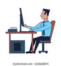 business man siiting on a computer desk avatar cartoon character vector illustration graphic design