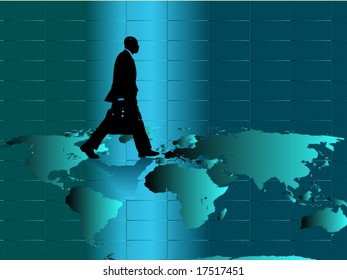 Business man silhouette with briefcase. Use as concept for global business,world traveler, business travel etc.