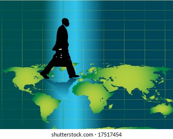 Business man silhouette with briefcase. Use as concept for global business,world traveler, business travel etc.