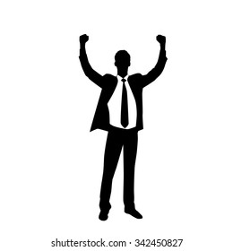 Business Man Silhouette Excited Hold Hands Up Raised Arms, Businessman Full Length Concept Winner Success Vector Illustration