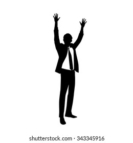 Business Man Silhouette Excited Hold Hands Up Raised Arms, Businessman Full Length Concept Winner Success Vector Illustration