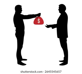 Business Man Silhouette Giving Money to Another One. Finances investment and exchange vector art, people and financial activities