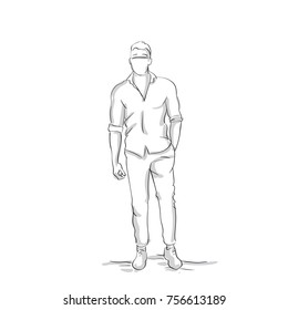 Sketch Walking Fat Man Cap Hand Stock Vector (Royalty Free) 709566838