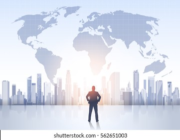 Business Man Silhouette Over City Landscape World Map Modern Office Buildings Vector Illustration