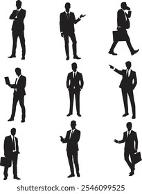 business man silhouette set. Businessman in a different posture. professional man with laptop, bag, phone, and in various expressions. businessman vector that can be easily used as logo or icon. 