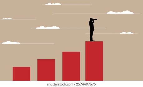 Business Man Silhouette with Spyglass Standing High. Financial success and CEO management concept vector art