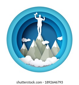 Business man silhouette with trophy award standing on mountain peak, vector illustration in paper art style. Business success, achievements, career growth, leadership.