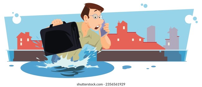 Business man sinking holding briefcase in hands. Funny people. Illustration concept template for website, web landing page, banner, presentation, social, poster, promotion or print media.