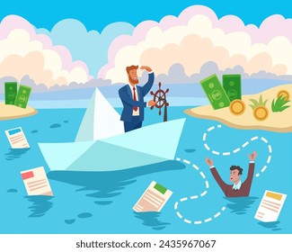 Hombre de negocios hundiéndose en el mar de documentos financieros. Metáfora. Ilustración vectorial. Analista financiero en una nave de papel tratando de ayudar a ahogar al hombre. Navegación por el concepto de documentos financieros