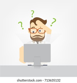 Business man sit front of desktop and confused on work or investment, illustration concept