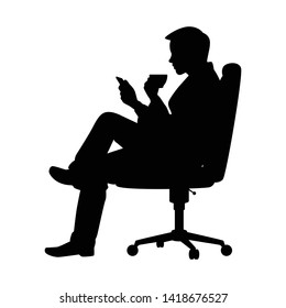 Business man sit on chair with coffee cup silhouette vector