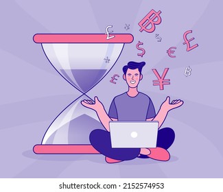 A business man sit on hourglass. marketing online conference. infographic element icons flat cartoon concept. Financial and economic growth. Statisctics and sales analysis. Vector illustration.