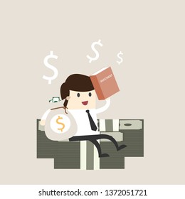 Business man sit on money stack with graph investment and hold investment book, financial savings long-term deposit investment .