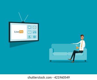 Business Man Sit On Sofa Watching  Digital  TV Online   Concept