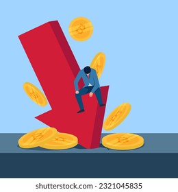 Business man sit and regret of crypto crash on down arrow. Business flat vector concept illustration.