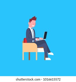 Business Man Sit Using Laptop Computer Male Office Worker Character Businessman Isolated Flat Vector Illustration