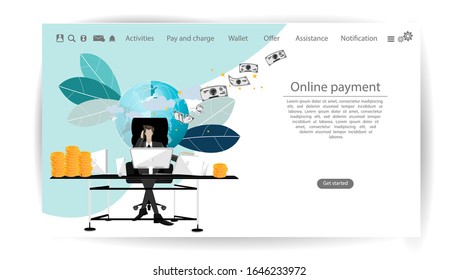  Business man sit work with Cellphone, Tablet ,Laptop,Computer,   Online payment Business  Infographic template.
