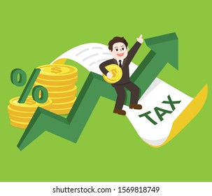 A Business man siting on the upper graph, A tower of dollar coin and A bill with tax in the green Background.Vector illustrate.