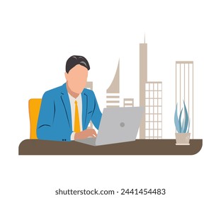 Business man sits at desk working on laptop in city office, flat design vector illustration
