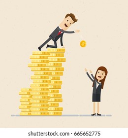 Business man sits on a big mountain of gold coins and throws coins down. Business woman stand from below and catch the coins. Vector, illustration, flat
