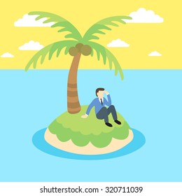 Business man sits on a desert island.