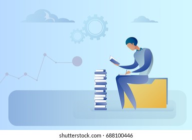 Business Man Sitting At Books Stack Reading Education Concept Flat Vector Illustration