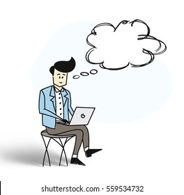 Business man sitting in chair and working on laptop with thinking bubble. Flat design. Cartoon Hand Drawn Sketch Vector Background.