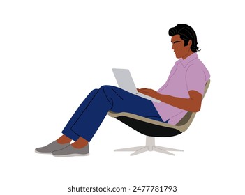Business man sitting in comfortable lounge chair, working on laptop. Handsome male character in casual clothes using computer. Hybrid work concept. Vector illustration isolated on white background.