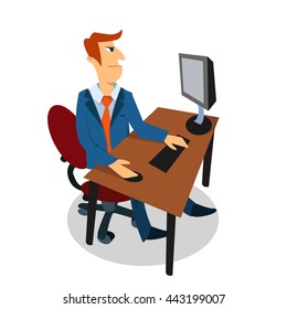 Business man sitting at a computer. Running businessman. Vector illustration.  Eps10.