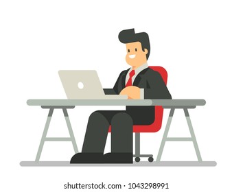 Business man sitting at desk with computer. Vector character design flat style.