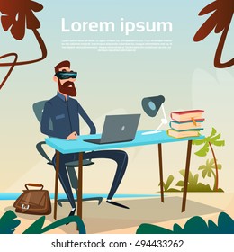 Business Man Sitting Desk Computer Wear Virtual Reality Digital Glasses Headset Workplace On Tropical Beach Flat Vector Illustration