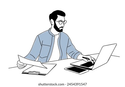 Business man sitting at the desk with laptop and stack of document papers. Entrepreneur, accountant, financial advisor wearing glasses, focused on his work. Concept of productivity and concentration.