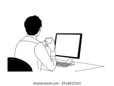 Business man sitting at the desk with laptop, holding cup of coffee or tea. Businessman working in office rear view. Outline sketch drawing isolated on white background.