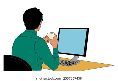 Business man sitting at the desk with laptop, holding cup of coffee or tea. Businessman working in office rear view. Outline sketch drawing isolated on transparent background.