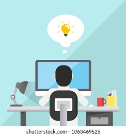 Business Man Sitting Desk Office And Get Creative Ideas Back Rear View Flat Vector Illustration