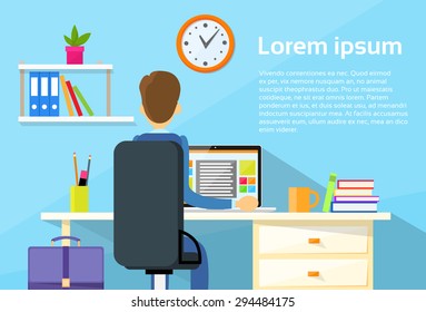 Business Man Sitting Desk Office Working Place Laptop Back Rear View Flat Vector Illustration