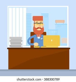 Business Man Sitting Desk Office Working Place Laptop Flat Vector Illustration