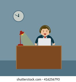 Business Man Sitting Desk Office Working Place , Flat Vector Illustration.
