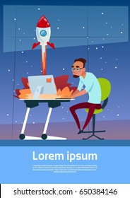 Business Man Sitting Desk Office Working Computer Desktop Space Rocket Fly Startup Concept Flat Vector Illustration