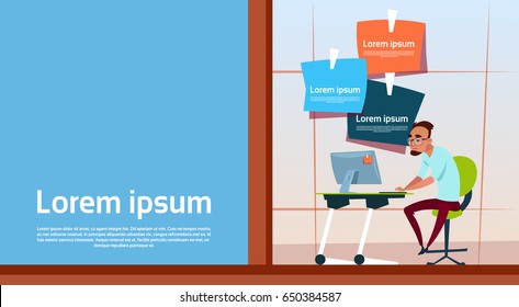 Business Man Sitting Desk Office Working Computer Desktop Copy Space Flat Vector Illustration