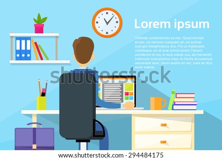 Business Man Sitting Desk Office Working Place Laptop Back Rear View Flat Vector Illustration